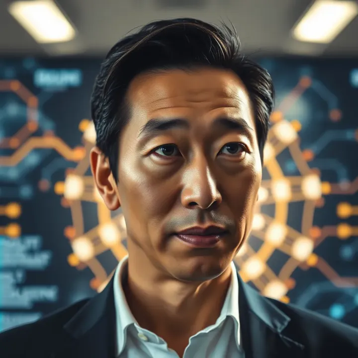 Andrew Ng and His Impact on Artificial Intelligence Portrait of Andrew Ng with a digital background representing artificial intelligence and machine learning concepts