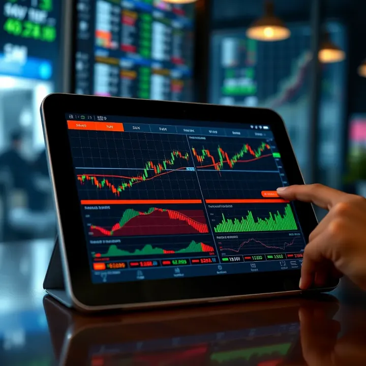 Tablet displaying stock market charts with clear colorful graphs and indicators