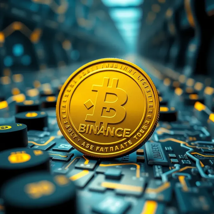 Conceptual illustration of blockchain technology elements integrated with Binance Coin symbol
