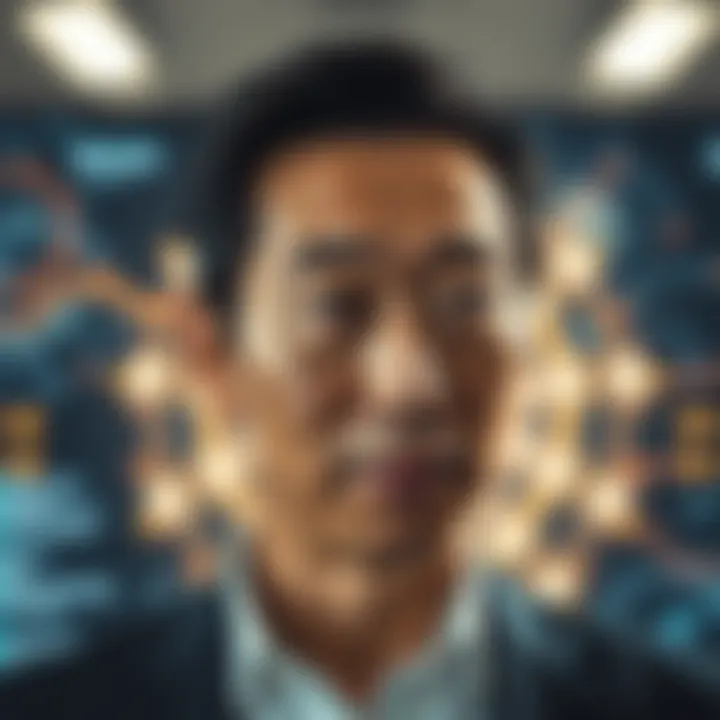 Portrait of Andrew Ng with a digital background representing artificial intelligence and machine learning concepts
