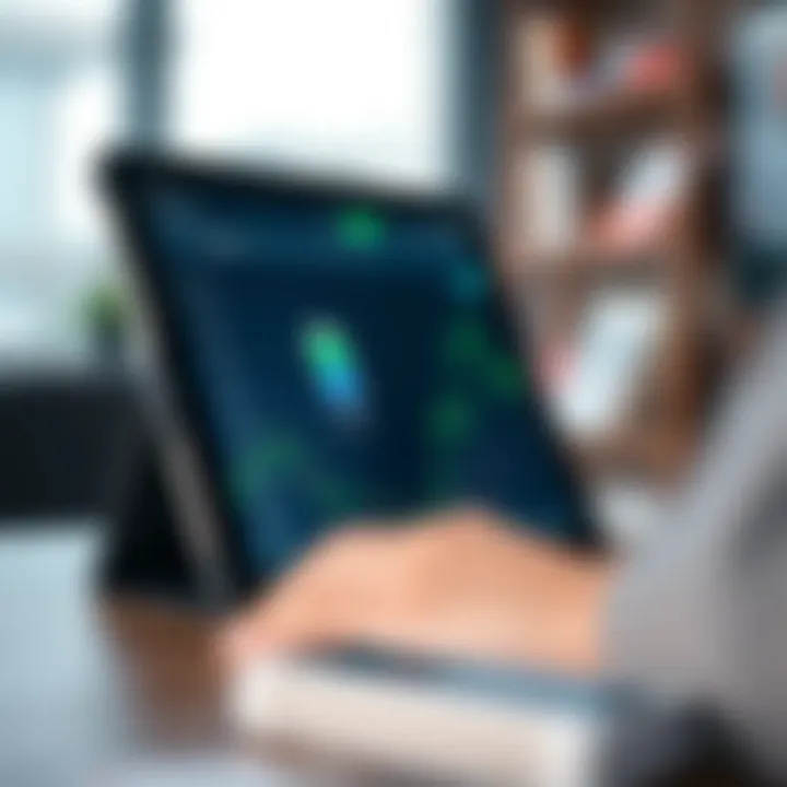 Tablet connected to trading app with battery icon and fast internet connectivity symbols