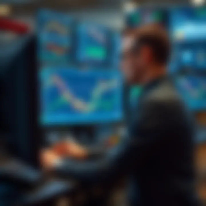 Illustration of a trader analyzing multiple screens displaying stock charts and financial data