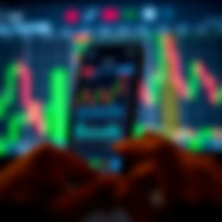 Mobile device displaying a forex trading platform with charts and currency pairs