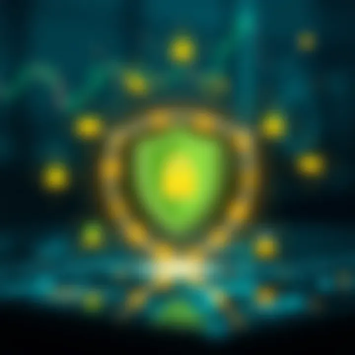 Security and Safety Features in Trading Applications Conceptual illustration of safety measures in digital trading platforms with shield and secure icons