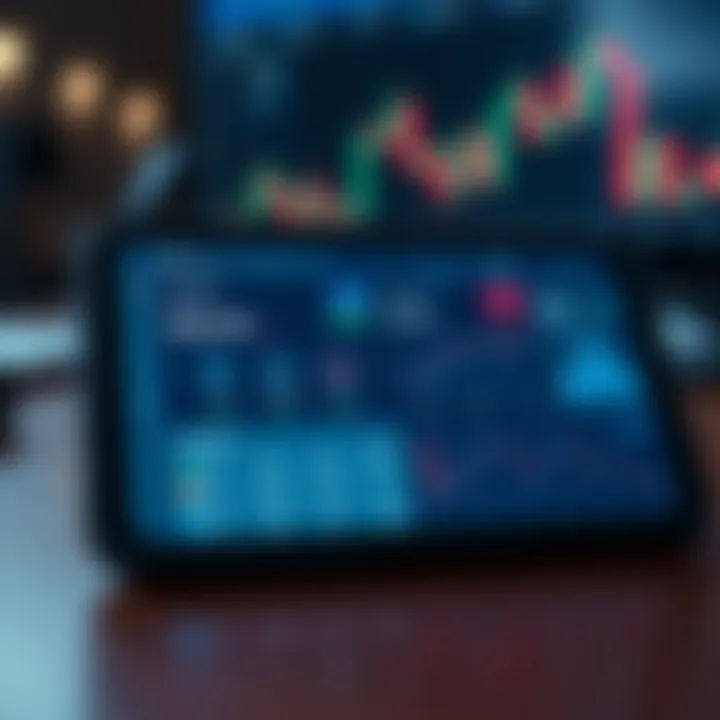 Mobile device displaying a virtual trading dashboard with portfolio, market trends, and strategy testing features