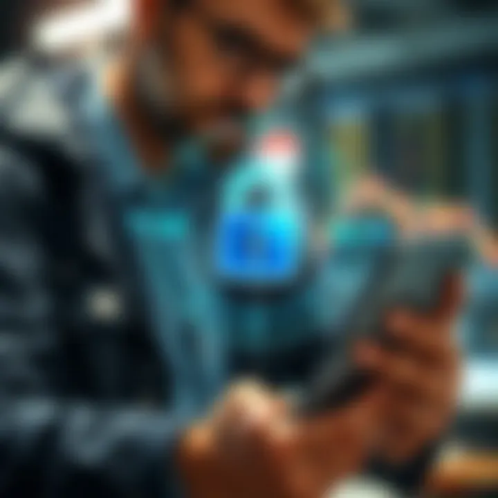 Trader analyzing secure mobile app with lock icon representing safety and encrypted transactions