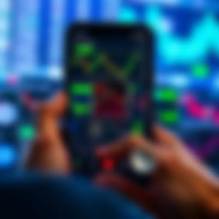 Smartphone displaying various trading app interfaces with charts and market data