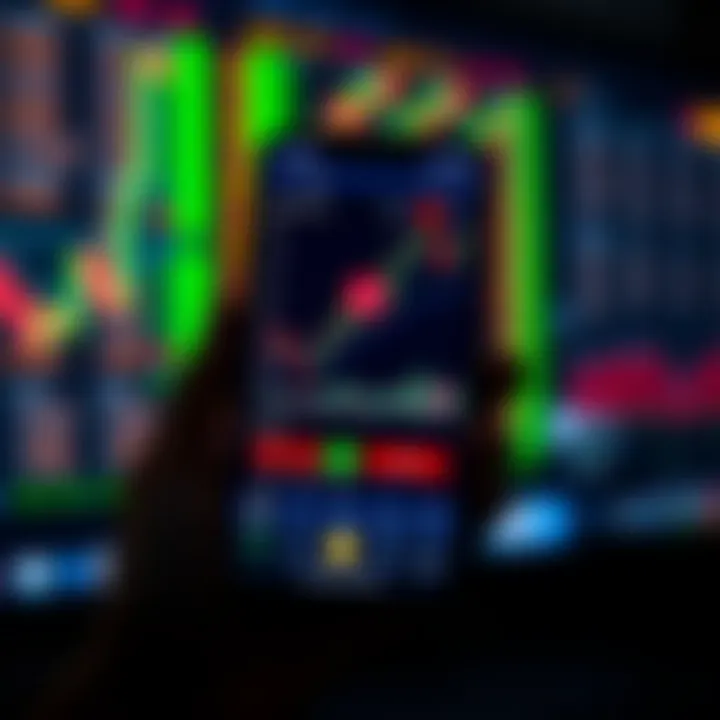 Mobile phone displaying forex trading app interface with charts and currency pairs