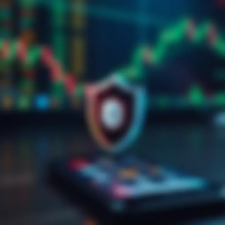 Security Features in Forex Trading Applications Illustration of secure shield symbol overlaying a smartphone with forex trading icons