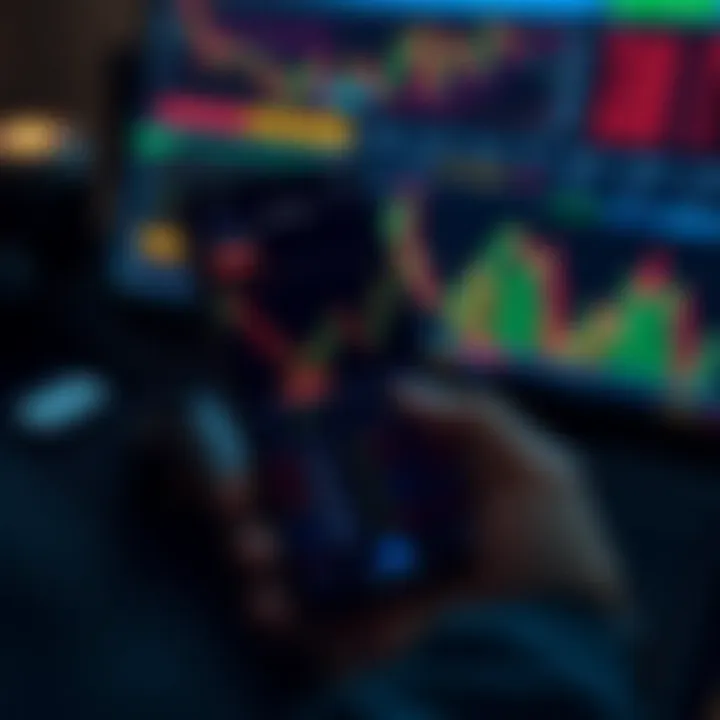 Mobile device displaying forex trading app with currency charts and trading options