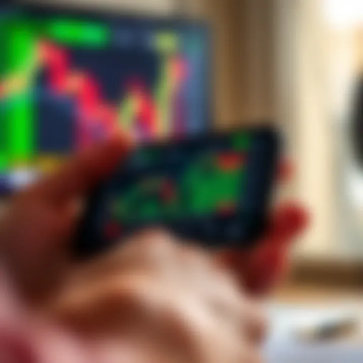 Mobile phone displaying IQ Option trading platform interface with market charts