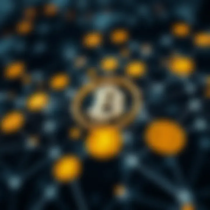Digital illustration of cryptocurrency symbols connected by a network representing blockchain technology