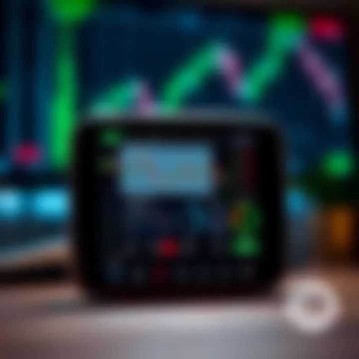 Mobile device showing demo trading platform with virtual funds and analysis tools