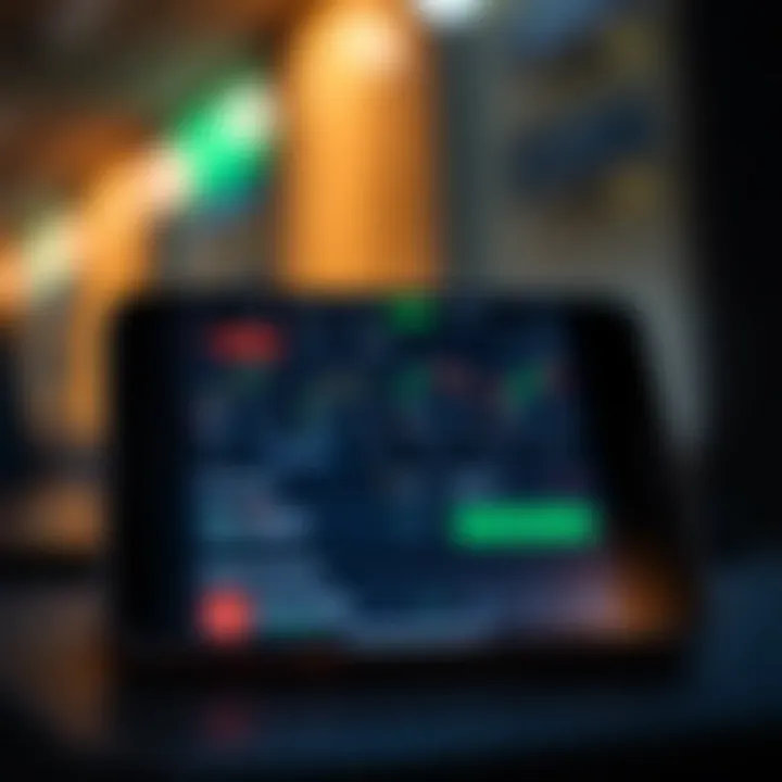 Mobile device displaying a demo trading app with buy and sell options and market data