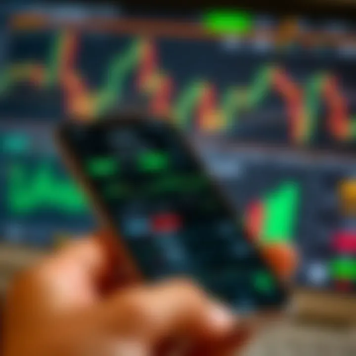 Mobile phone showing Exness app dashboard with trading statistics and user-friendly controls