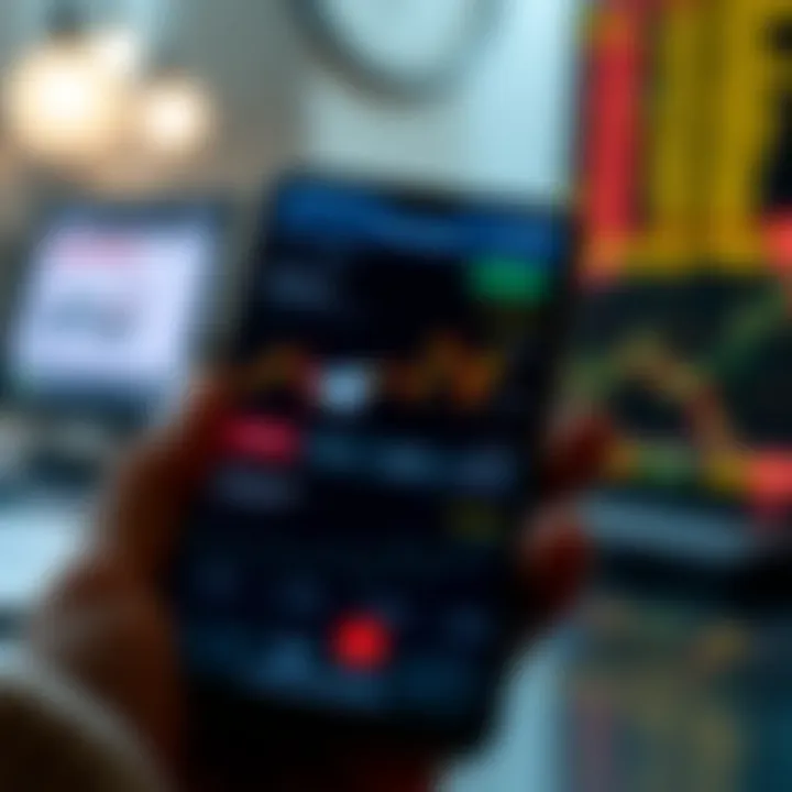 Mobile phone displaying Telegram app with financial charts and alerts