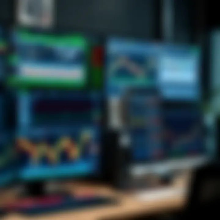 Trading desk showing four separate monitors displaying various financial charts and data