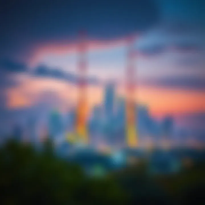 A futuristic city skyline showcasing digital connectivity and energy infrastructure symbolizing Reliance Industries’ growth sectors