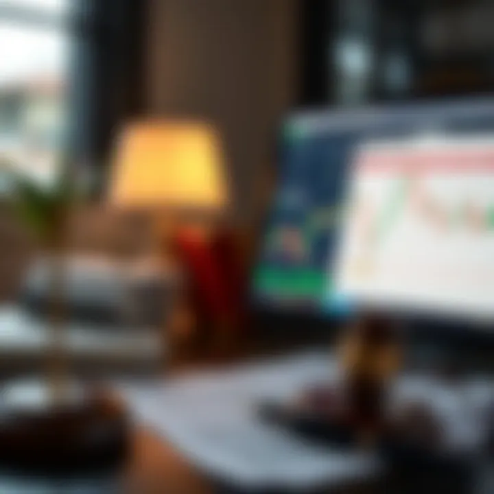 Illustration of legal documents and a computer screen with binary trading platform interface