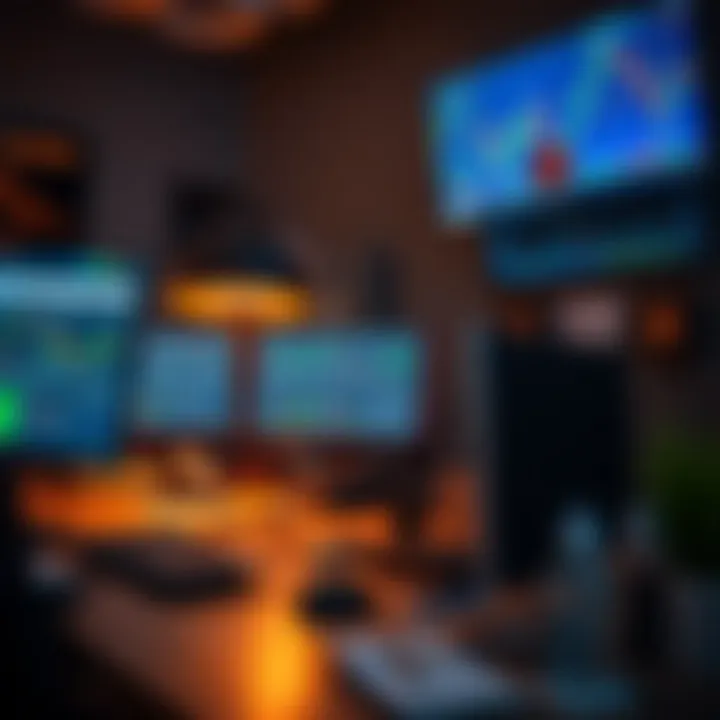 Organized trading workspace with multiple screens, ergonomic accessories, and efficient cable management