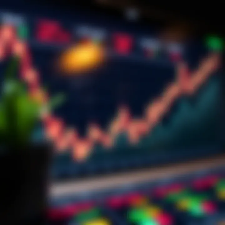 Graph depicting currency exchange rates with upward trend lines and trading indicators