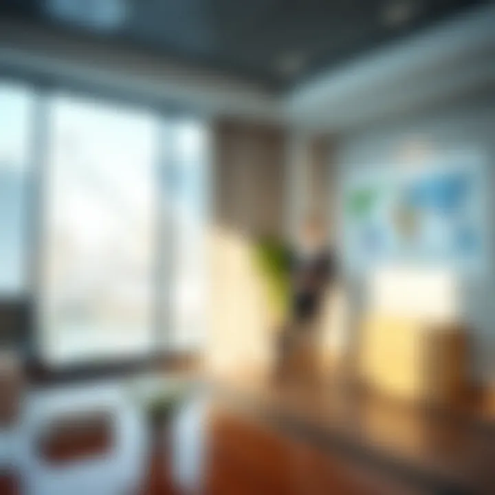 Illustration of an elegant office space with maritime charts and a world map reflecting strategic business planning in shipping