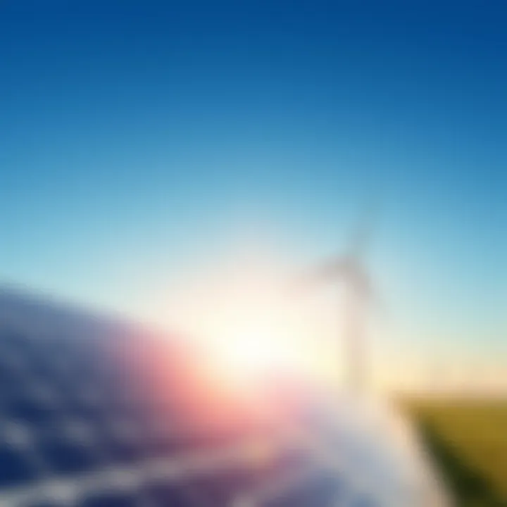 Solar panels and wind turbines generating clean energy under a clear sky