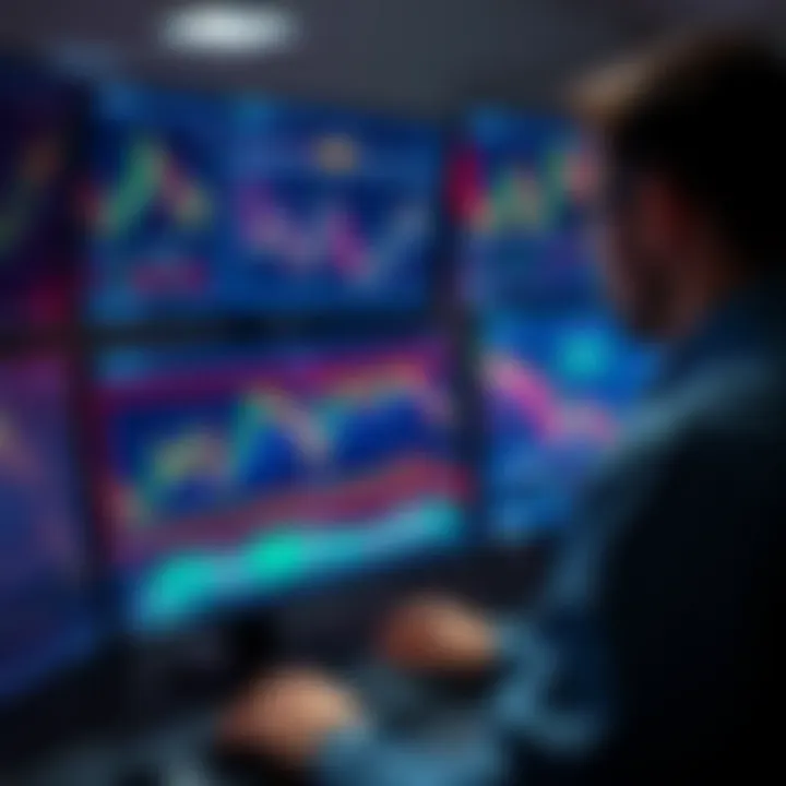 Trader analyzing forex charts on multiple computer screens with demo account interface