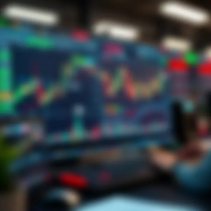 Virtual trading platform interface showing market charts and trading options