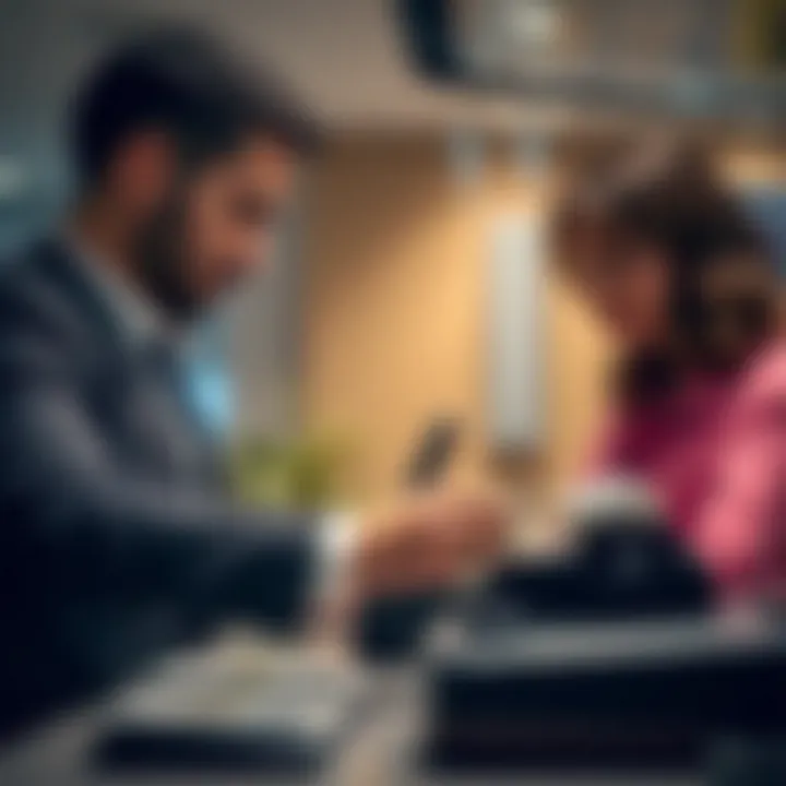 Bank teller assisting with cash deposit at a bank counter