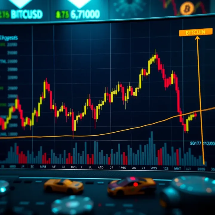 Graph showing Bitcoin price fluctuations against US dollar with trend lines and volume bars