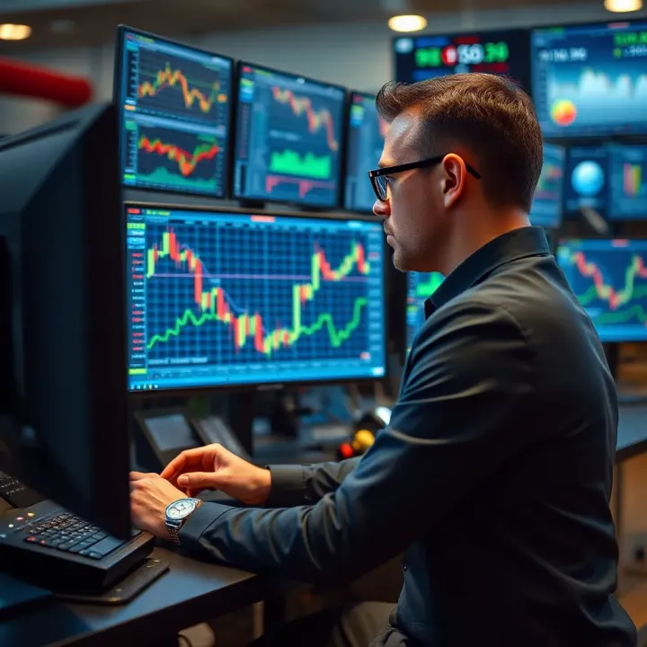 Illustration of a trader analyzing multiple screens displaying stock charts and financial data