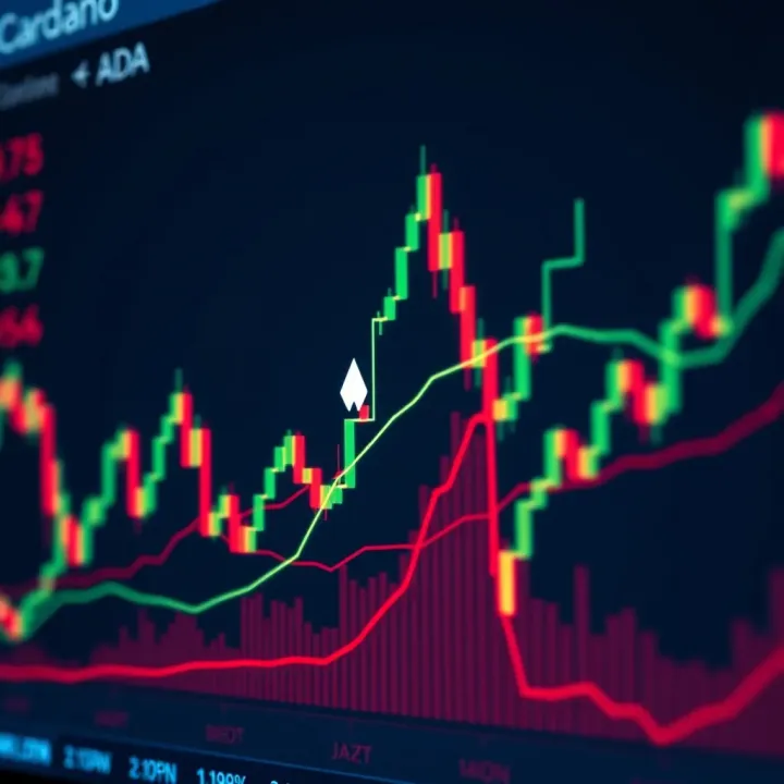 Chart showing Cardano cryptocurrency price movements with trend lines and volume indicators