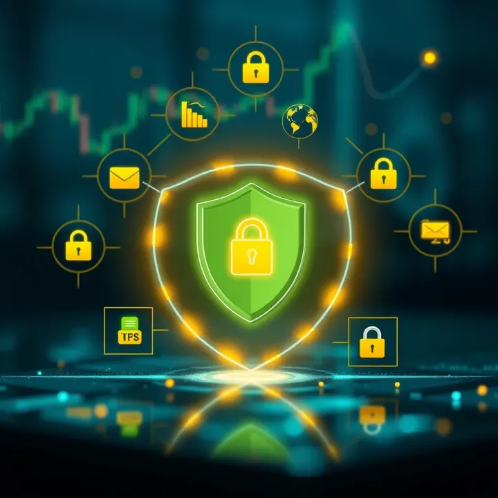 Conceptual illustration of safety measures in digital trading platforms with shield and secure icons