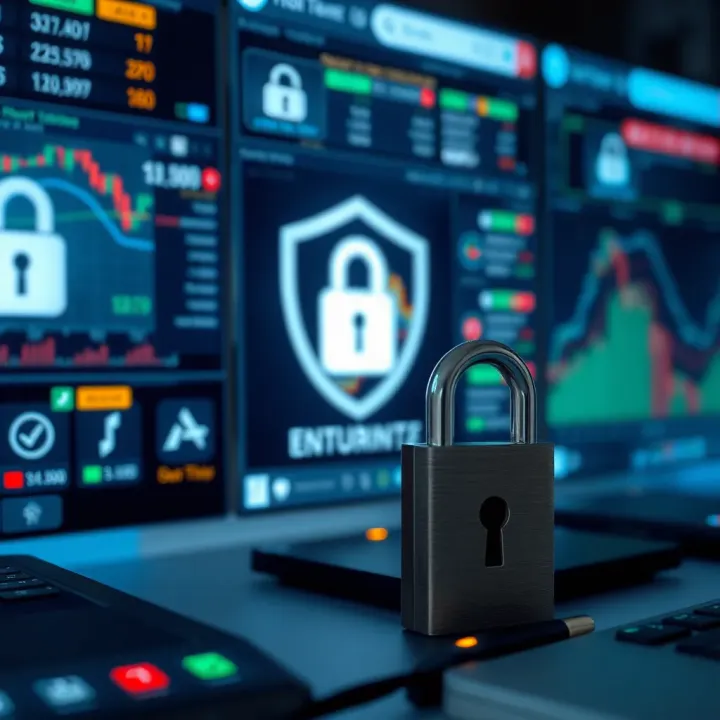 Secure trading environment with technology icons representing encryption and data protection