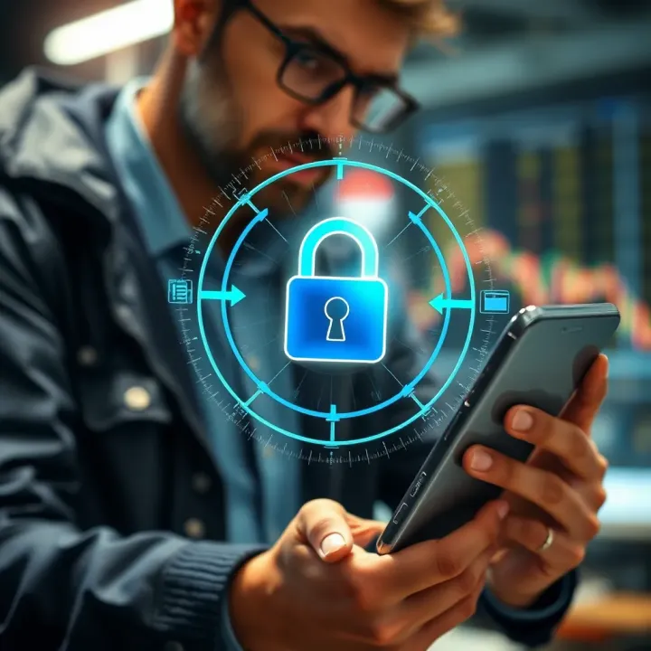 Trader analyzing secure mobile app with lock icon representing safety and encrypted transactions