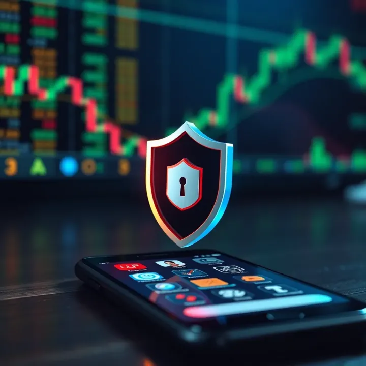 Illustration of secure shield symbol overlaying a smartphone with forex trading icons