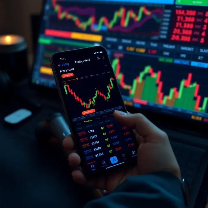 Mobile device displaying forex trading app with currency charts and trading options