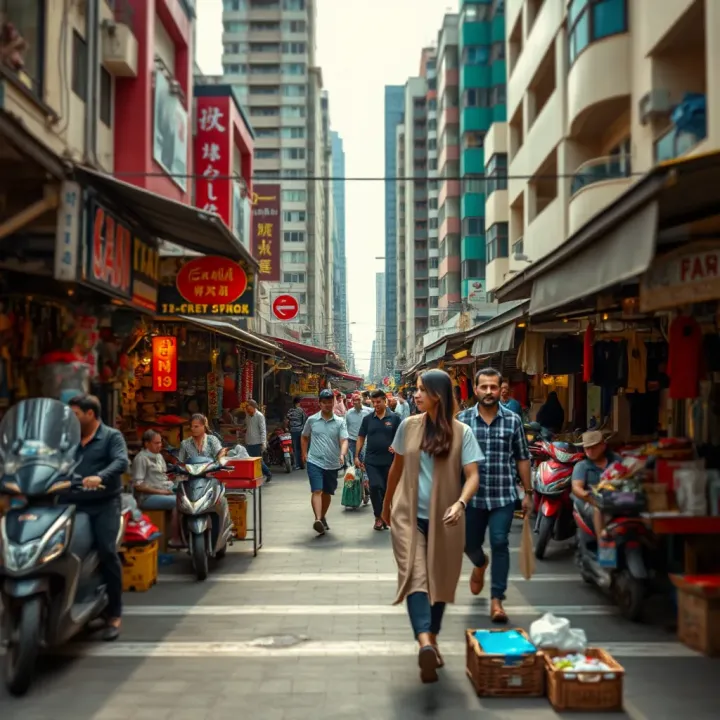 Vibrant Urban Marketplace with Dynamic Trade Activities Urban marketplace scene with diverse stalls and active trading