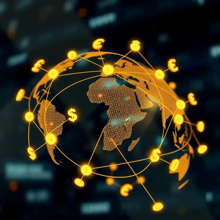 Global currency symbols interconnected representing forex market dynamics