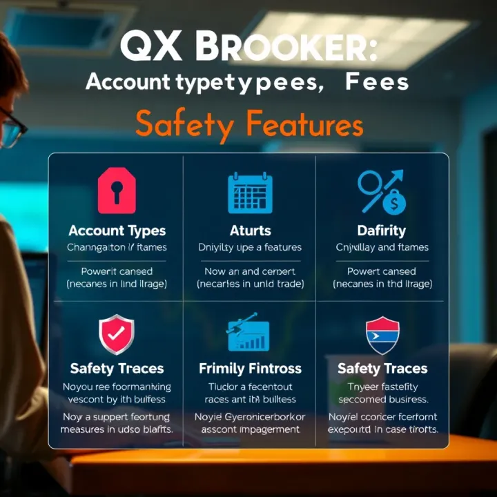 Graphic illustrating QX Broker’s account types, fees, and safety measures for traders in India