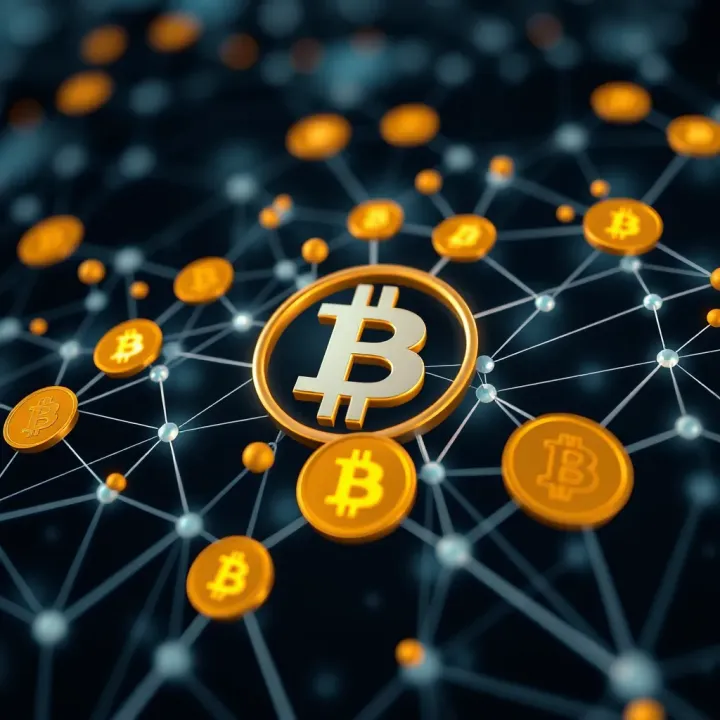Digital illustration of cryptocurrency symbols connected by a network representing blockchain technology