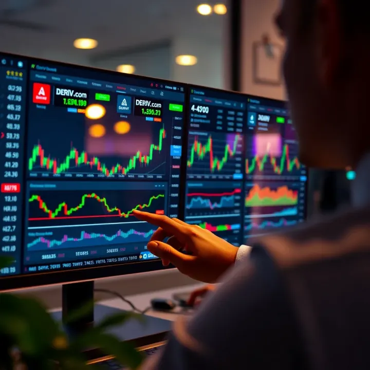 User navigating Deriv.com trading platform dashboard with various financial instruments displayed
