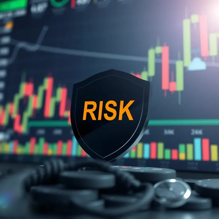 Conceptual illustration of risk management with protective shield and trading chart background