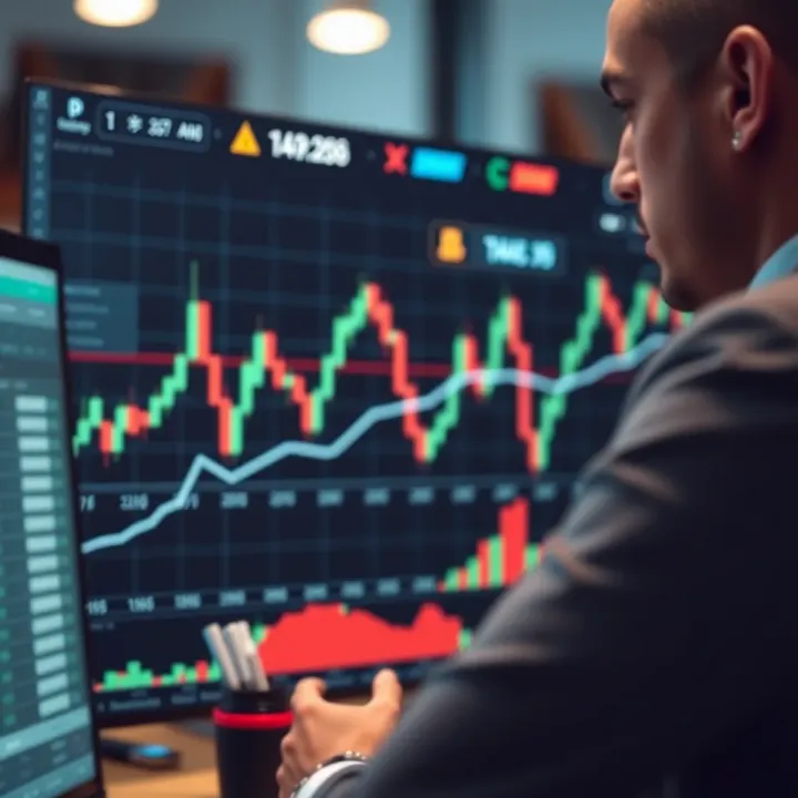 Graph showing upward trend and trading indicators on a digital screen