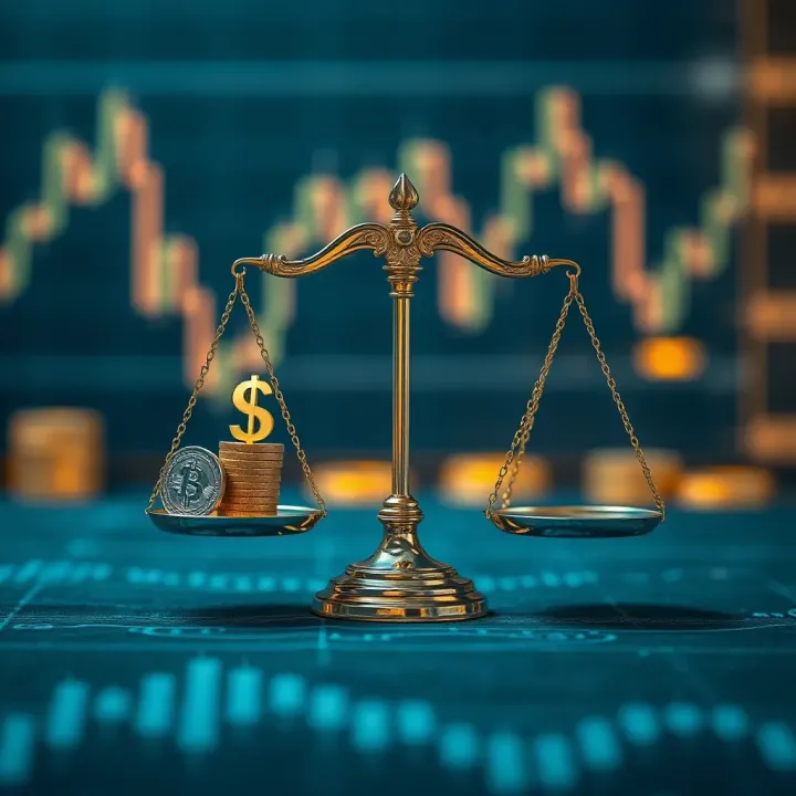 Risk management concept with balanced scales and currency symbols