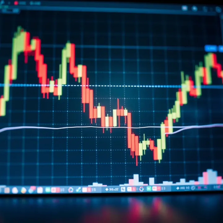 Graph showing upward trend with candlestick patterns and technical indicators