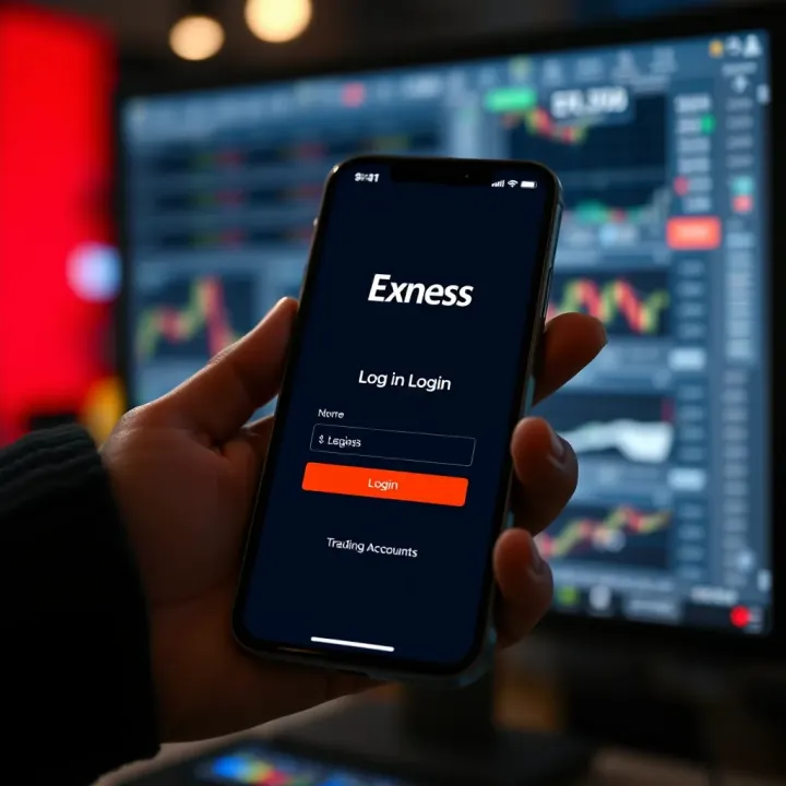 Mobile phone displaying secure login screen of Exness app