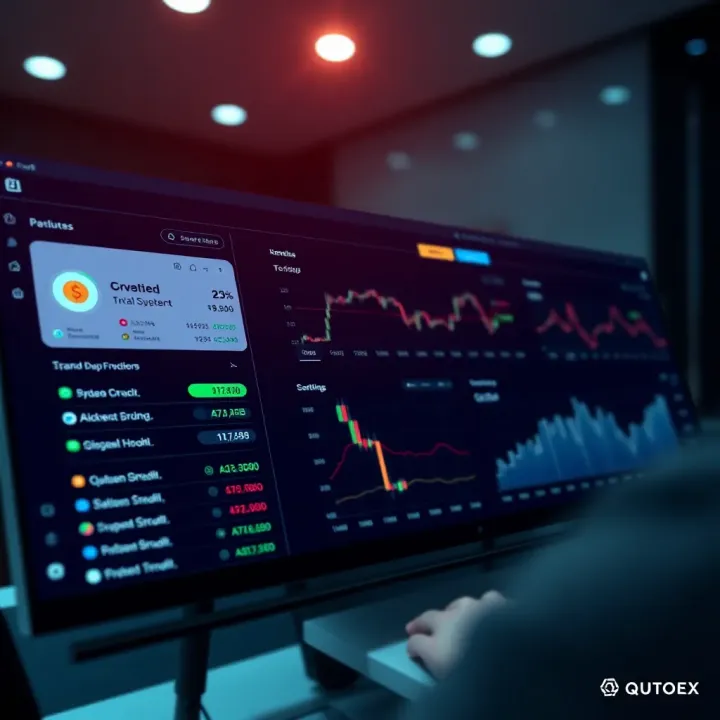 User interface showcasing Qutoex platform dashboard with trading options and analytics