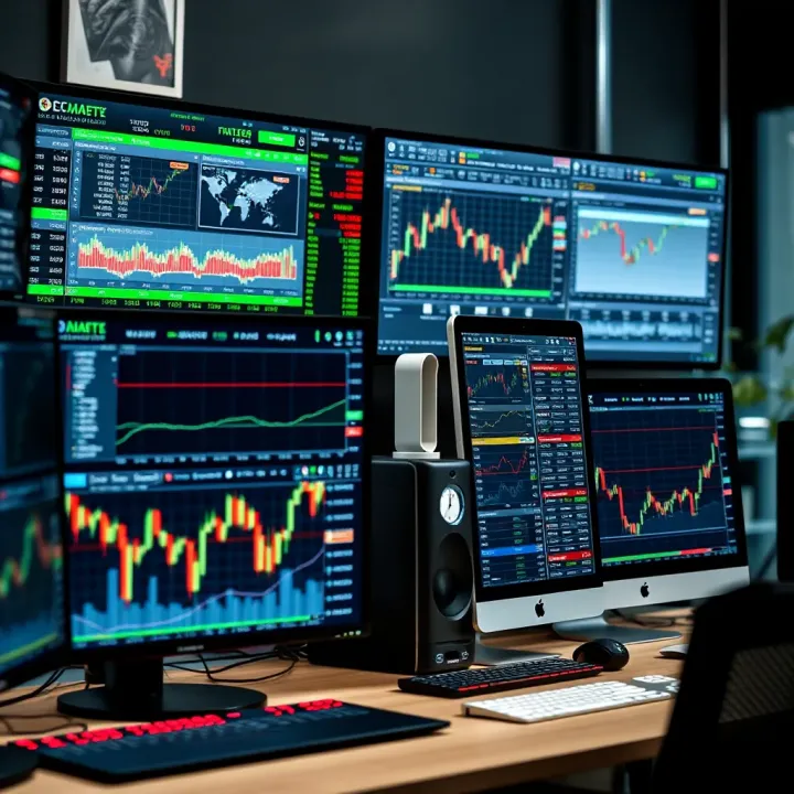 Four Monitor Setup Displaying Diverse Market Data Trading desk showing four separate monitors displaying various financial charts and data